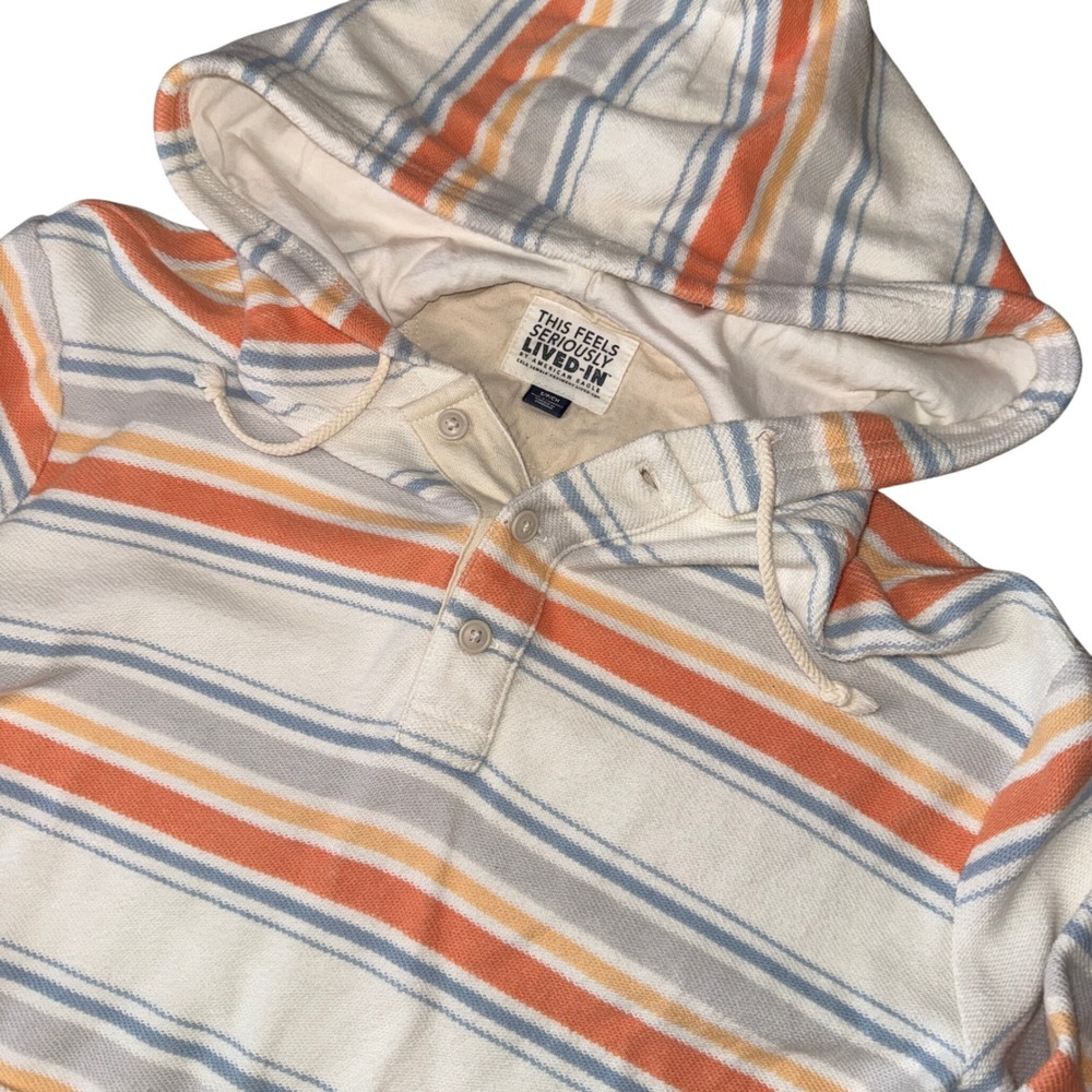 American Eagle Henley Hoodie Small White Orange Blue Striped Seriously Lived-In